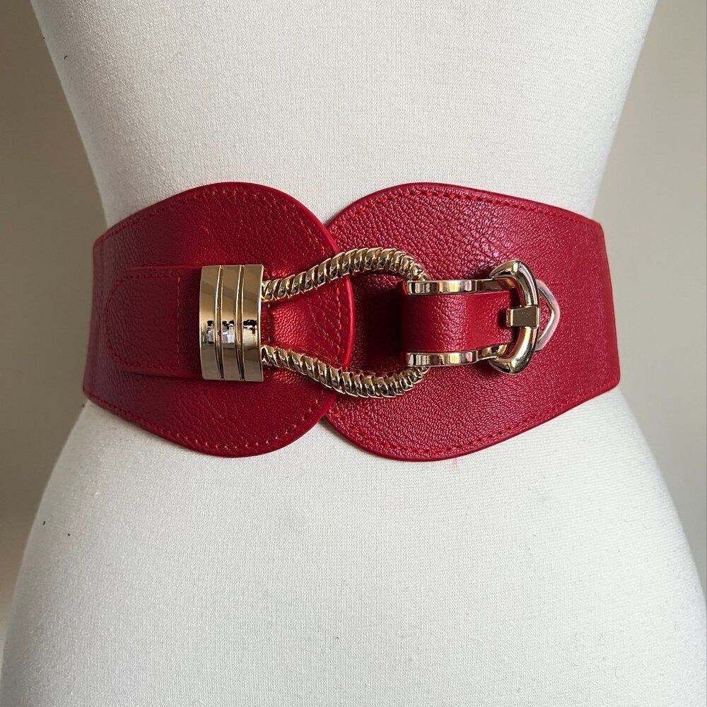 Wide Stretch Waist Belt – Red with Gold Clasp | Size: S/M/L